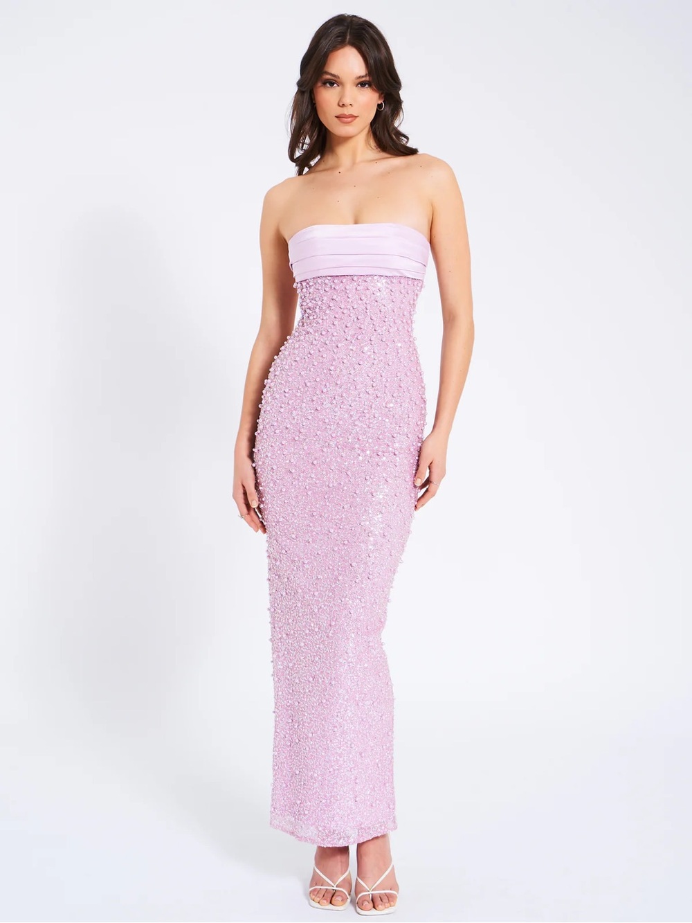 Miss Circle Strapless Beaded Prom Dress in Light Pink